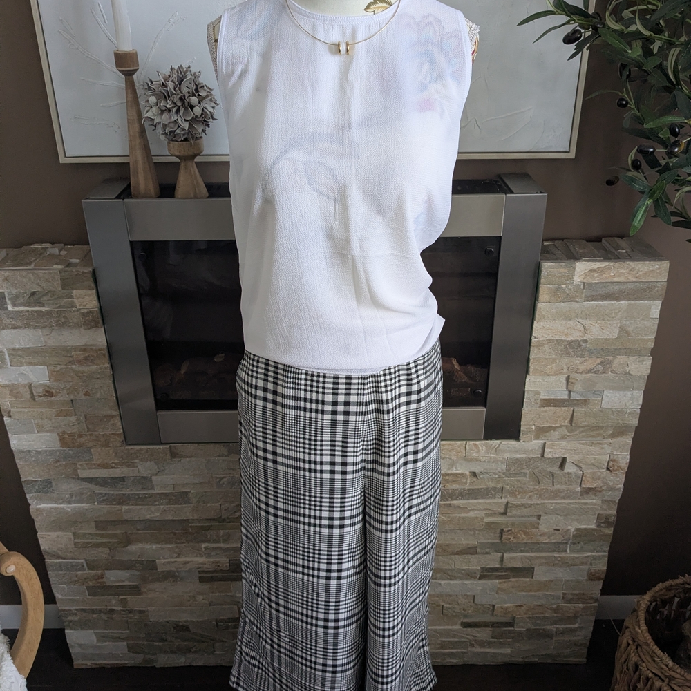 Ardene White Top and Black Plaid Wide Leg Pants